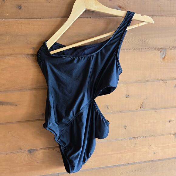 Anthropologie Seafolly Active One Shoulder Cutout Black Swimsuit One Piece 12 - Picture 3 of 5